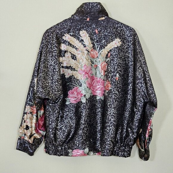 Hanarum Jacket Womens OS Reverisble Black Floral Zip Satin Shimmer VTG Boho Goth - Picture 4 of 14